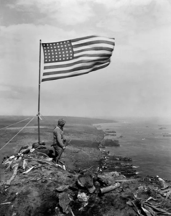 Framed Print : Stars and Stripes wave over the summit of Mt. Suribachi on Iwo Jima. Photo by John Papsun, ca. on after Feb. 23 1945. World War 2. (BSLOC_2013_13_64) Framed Print : Stars and Stripes wave over the summit of Mt. Suribachi on Iwo Jima. Photo by John Papsun, ca. on after Feb. 23 1945. World War 2. (BSLOC_2013_13_64)