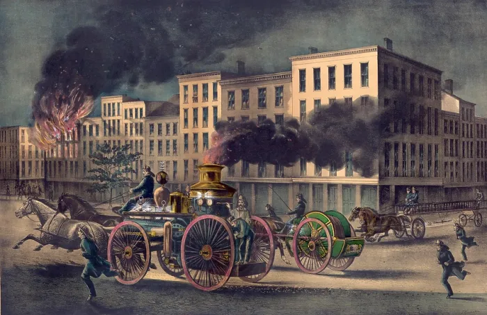 Framed Print : State of the art fire-fighting equipment in 1866 included a horse drawn fire engine accompanied by separate hose and ladder carts