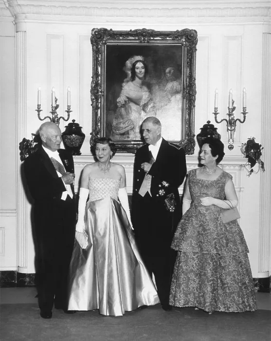Framed Print : State dinner at the White House for French President Charles DeGaulle. L-R: President and Mamie Eisenhower, President and Mrs. Yvonne DeGaulle. April 22, 1960 Framed Print : State dinner at the White House for French President Charles DeGaulle. L-R: President and Mamie Eisenhower, President and Mrs. Yvonne DeGaulle. April 22, 1960
