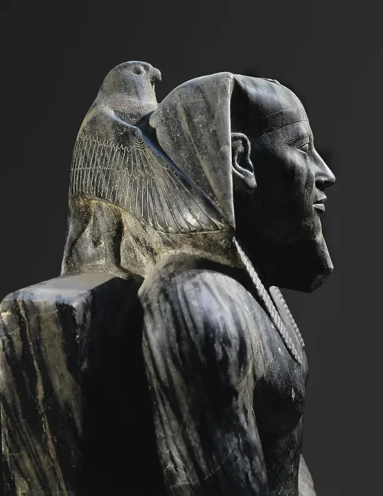Framed Print : Statue of Khafre enthroned. 2520 BC. Egyptian art. Old Kingdom. Sculpture on rock. EGYPT. Cairo. Egyptian Museum. Proc: EGYPT. Giza. Temple of Khafre's Pyramid