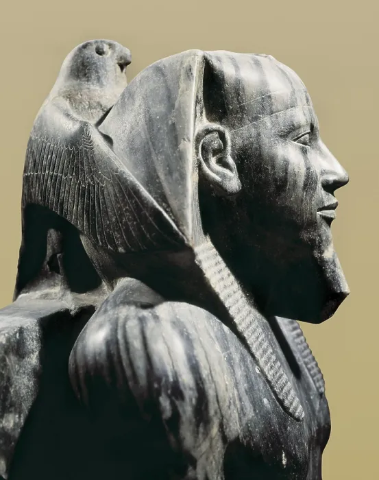 Framed Print : Statue of Khafre enthroned. 2520 BC. Egyptian art. Old Kingdom. EGYPT. Cairo. Egyptian Museum. Proc: EGYPT. Giza. Temple of Khafre's Pyramid