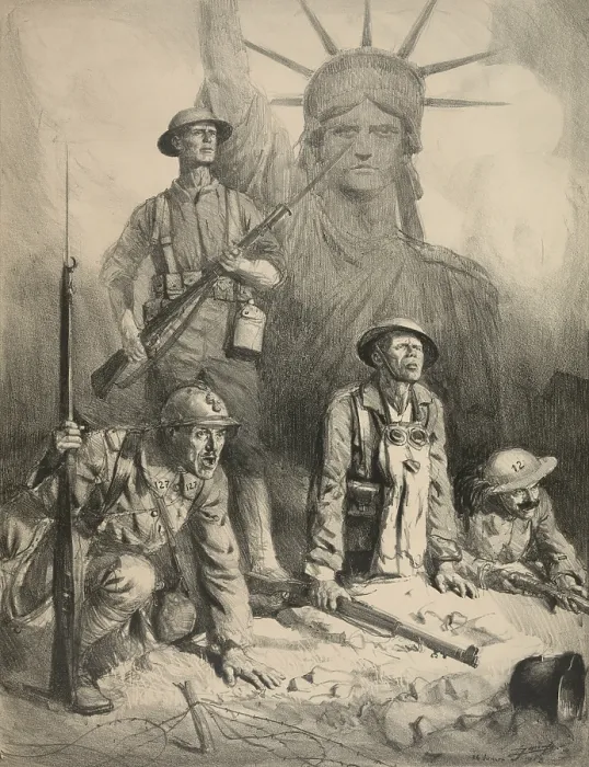 Framed Print : Statue of Liberty and an American soldier behind Allied soldiers in WW1. 1918. In foreground, L-R are a French, British, and Italian soldier. 1927 lithograph by Lucian Jonas