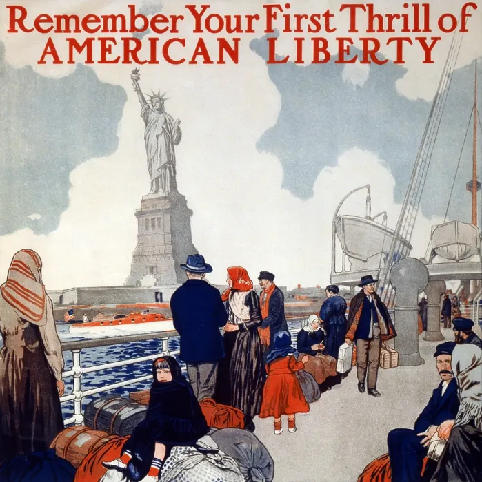 Framed Print : Statue of Liberty. Poster showing immigrants on a ship's deck, sailing past the Statue of Liberty. color lithograph, 1917 Framed Print : Statue of Liberty. Poster showing immigrants on a ship's deck, sailing past the Statue of Liberty. color lithograph, 1917
