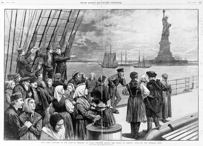 Framed Print : Statue of Liberty. Welcome to the land of freedom - An ocean steamer passing the Statue of Liberty: Scene on the steerage deck. Engraving ca. 1887