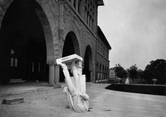 Framed Print : Statue of Louis Agassiz in pavement after the San Francisco Earthquake, 1906