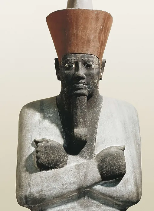Framed Print : Statue of Mentuhotep II. 2040 BC. Detail. Appears identified as Osiris, wearing the red crown of Lower Egypt and with the curved point beard common among the gods. Egyptian art