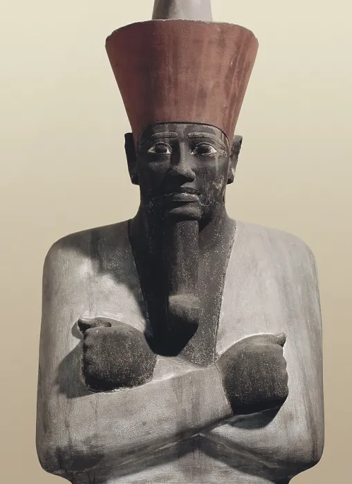 Framed Print : Statue of Mentuhotep II. 2040 BC. Detail. Appears identified as Osiris, wearing the red crown of Lower Egypt and with the curved point beard common among the gods. Egyptian art