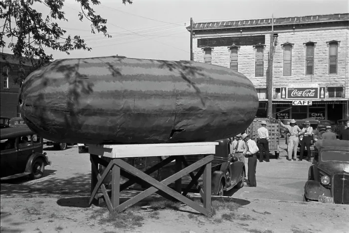 Framed Print : Statue to the watermelon, Weatherford, Texas, watermelon center, photograph by Lee Russell, May, 1939 Framed Print : Statue to the watermelon, Weatherford, Texas, watermelon center, photograph by Lee Russell, May, 1939