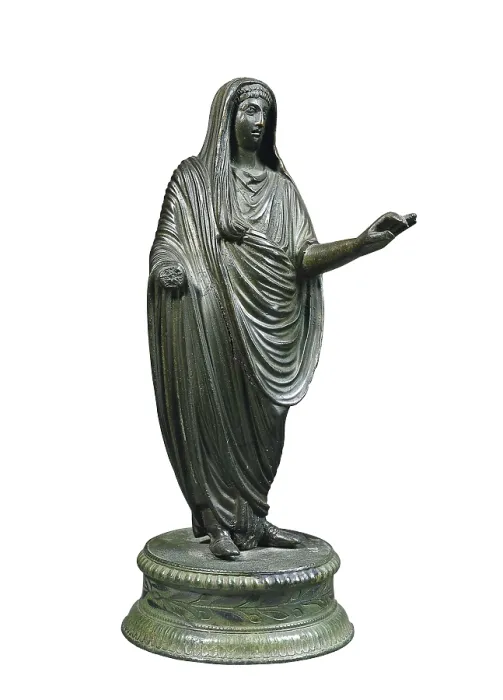 Framed Print : Statuette depicting a figure with robe (1st c. BC), from the ancient city of Velleia. Roman art. Republican period. Sculpture on bronze. ITALY. Parma