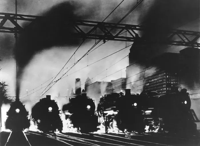 Framed Print : Five steam locomotives, side by side, outbound from Chicago at dusk, c. 1940 (BSLOC_2016_10_179)