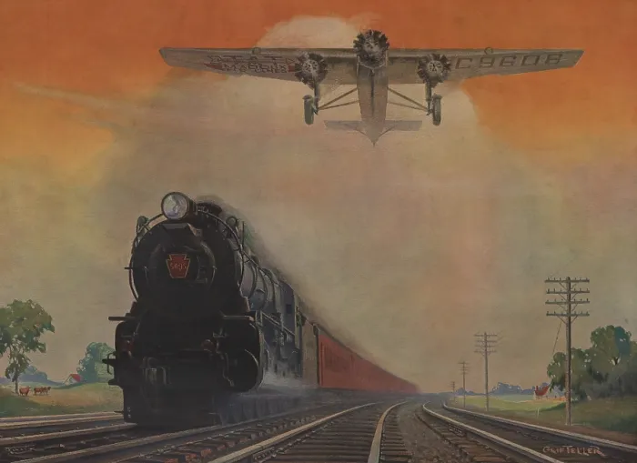 Framed Print : Steam powered locomotive and Ford Tri-Motor airplane speeding through in rural landscape. Poster for Pennsylvania Railroad with painting by Grif Teller. 1931. (BSLOC_2015_14_192)