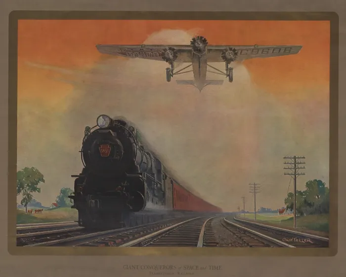 Framed Print : Steam powered locomotive and Ford Tri-Motor airplane speeding through in rural landscape. Poster for Pennsylvania Railroad with painting by Grif Teller. 1931. (BSLOC_2015_14_191)