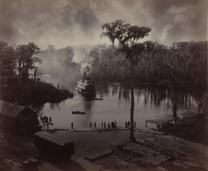 Framed Print : Steamboat approaching dock, at Silver Springs, Florida by Canadian photographer George Barker (1844-1894). 1886