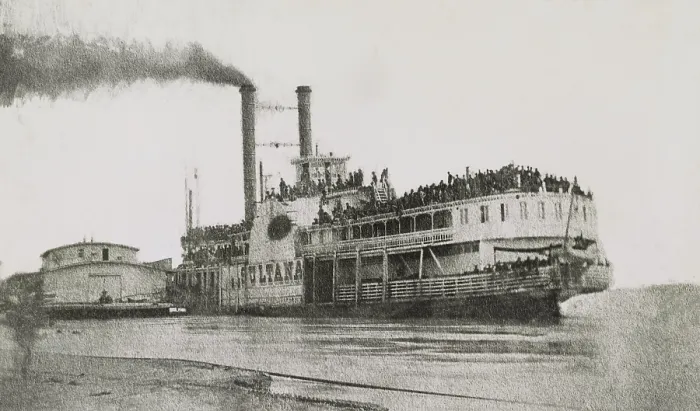 Framed Print : Steamboat turned troopship, Sultana on the Mississippi River before her boilers exploded, the ship burned, and she sank on April 27, 1865 Framed Print : Steamboat turned troopship, Sultana on the Mississippi River before her boilers exploded, the ship burned, and she sank on April 27, 1865