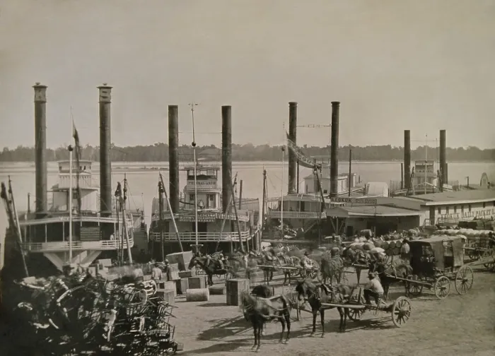 Framed Print : Four steamboats docked at the St. Louis Levee in 1853. Horses, wagons, and carriages park on the wharf among the crates and barrels. Daguerreotype by Thomas M