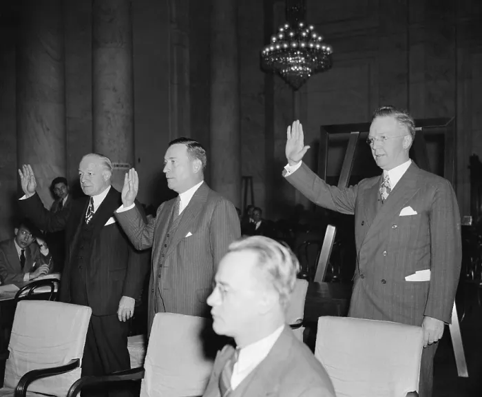Framed Print : Steel executives sworn in before Monopoly Committee, Nov. 6, 1939. L-R: H.L. Hughes and Benjamin F. Fairless, U.S Framed Print : Steel executives sworn in before Monopoly Committee, Nov. 6, 1939. L-R: H.L. Hughes and Benjamin F. Fairless, U.S
