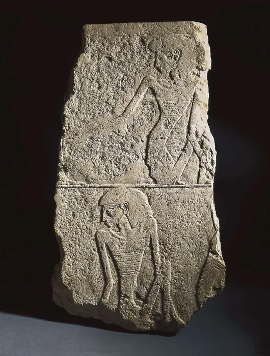 Framed Print : Stela depicting starving prisoners from Unas. 2375 - 2345 BC. Old Kingdom. 5th Dynasty. Egyptian art. Old Kingdom. Relief on rock. FRANCE. Paris. Louvre Museum. Proc: EGYPT