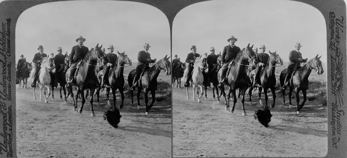 Framed Print : Stereocard of President Theodore Roosevelt, during his 1903 Western tour, where he took a 60 mile horseback ride from Laramie to Cheyenne, Wyoming