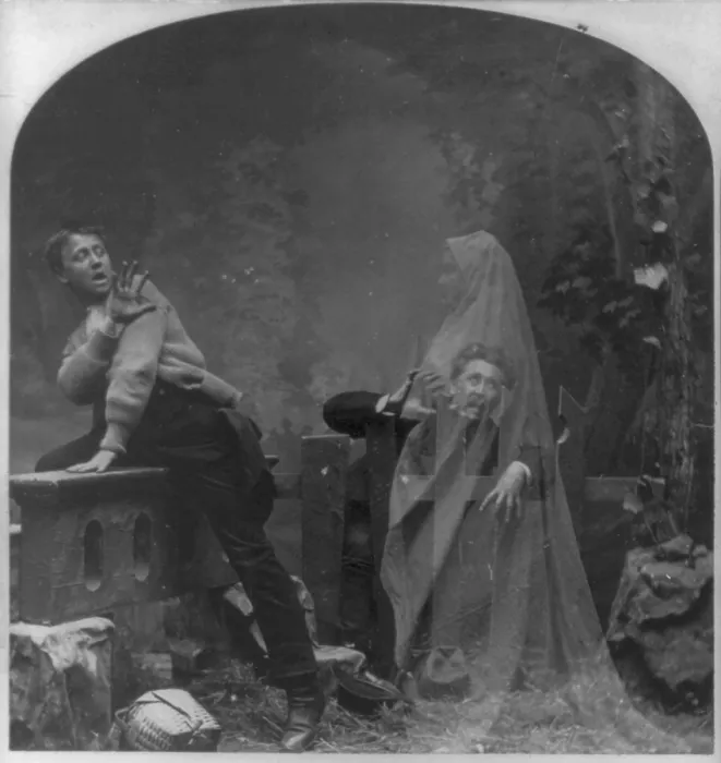 Framed Print : Stereograph shows a ghost scaring man and boy, a posed studio scene, original title: The Haunted Lane, photograph by Melander, 1889
