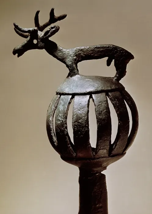 Framed Print : Stick handle with figure of a stag 7th BC. Bronze. Proceeds from Kuban, Russia. Scythian Art. Jewelry; Sculpture on bronze. RUSSIA. Saint Petersburg. State Hermitage Museum