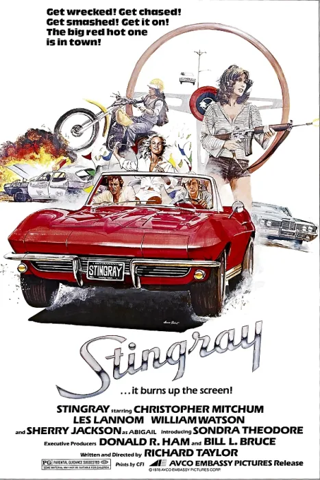 Framed Print : STINGRAY, in car from left: Les Lannom, Sondra Theodore, Christopher Mitchum, Sherry Jackson (right), 1978, Avco Embassy / courtesy Everett Collection