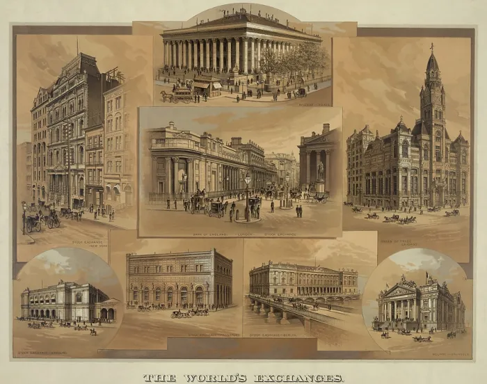 Framed Print : Stock exchanges in New York, Paris, London, Chicago, Hamburg, Frankfort, Berlin, and Brussels as they appeared in 1886