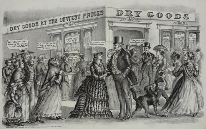 Framed Print : Stock poster illustration depicting very satisfied customers outside an urban dry goods store Framed Print : Stock poster illustration depicting very satisfied customers outside an urban dry goods store