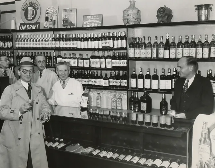 Framed Print : A well stocked Los Angeles liquor store awaits Prohibition's repeal, Dec. 6, 1933. His stock ran out shortly after the doors were opened. (BSLOC_2013_8_153)
