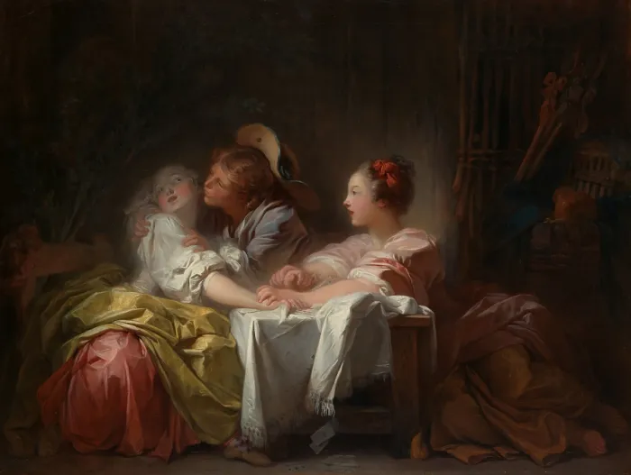 Framed Print : THE STOLEN KISS, by Jean Honore Fragonard, 1760, French painting, oil on canvas. This genre painting with three figures creates romantic drama among the characters