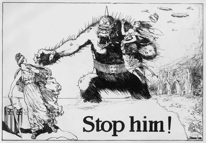 Framed Print : STOP HIM! Fierce gorilla wearing a German spiked helmet, reaches across the ocean from Europe. He threatens the figure of Liberty standing on a map of the American east coast Framed Print : STOP HIM! Fierce gorilla wearing a German spiked helmet, reaches across the ocean from Europe. He threatens the figure of Liberty standing on a map of the American east coast