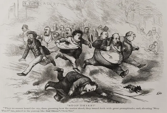 Framed Print : Stop thief!. Political cartoon by Thomas Nast for Harpers Magazine, Oct. 7, 1871. William Boss Tweed and members of his ring, Peter B. Sweeny, Richard B. Connolly, and A Framed Print : Stop thief!. Political cartoon by Thomas Nast for Harpers Magazine, Oct. 7, 1871. William Boss Tweed and members of his ring, Peter B. Sweeny, Richard B. Connolly, and A