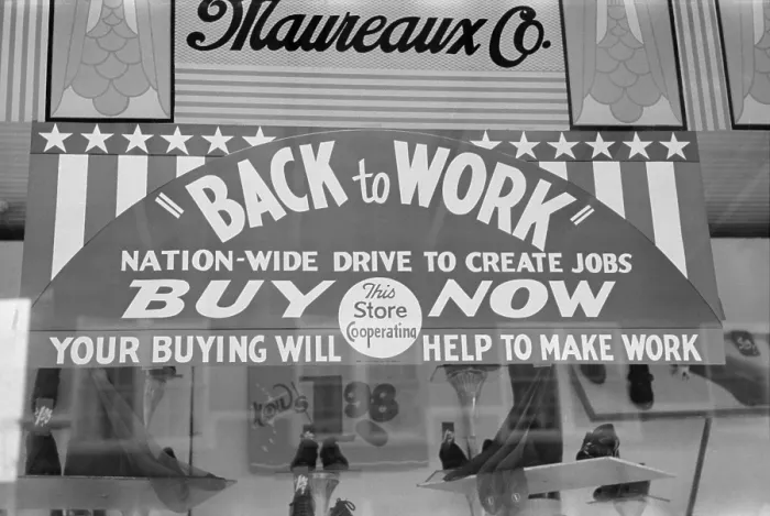 Framed Print : Store sign using economics theory to advertise. Sign reads Nation-wide drive to create jobs and Your buying will help to make work