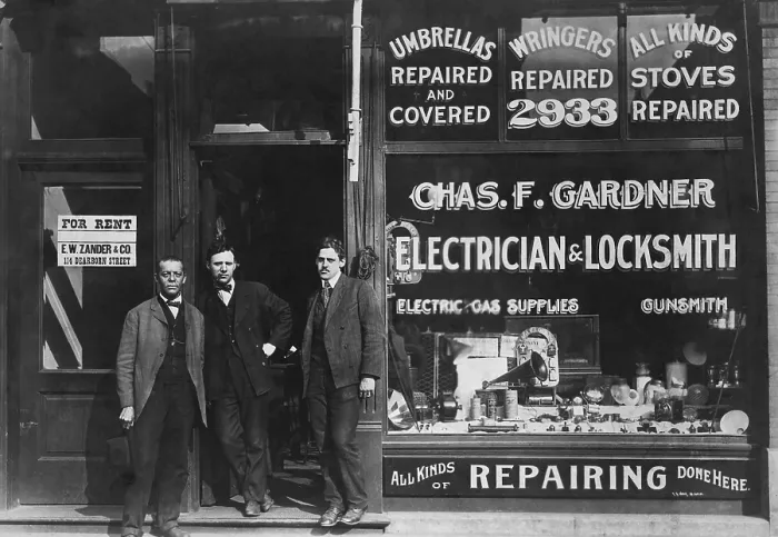 Framed Print : Storefront of Chas. F. Gardner Electrician and Locksmith at 2933 State Street, Chicago, Illinois. Three men stand at the entrance to the only Negro store of its kind, c. 1899 Framed Print : Storefront of Chas. F. Gardner Electrician and Locksmith at 2933 State Street, Chicago, Illinois. Three men stand at the entrance to the only Negro store of its kind, c. 1899