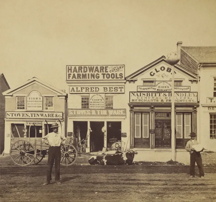 Framed Print : Three stores in Salt Lake City post signs, Holiness to the Lord. Zion's Cooperative Mercantile Institution. The ZCMI was a departments store that worked out of separate shops