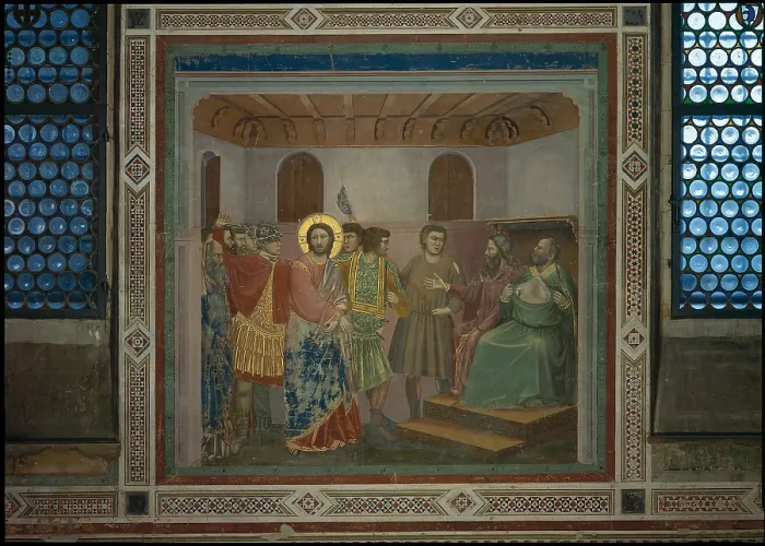 Framed Print : Stories of the Passion Christ before Caiphas, by Giotto, 1304 - 1306 about, 14th Century, fresco, cm 200 x 185 - Italy, Veneto, Padua, Scrovegni Chapel. All