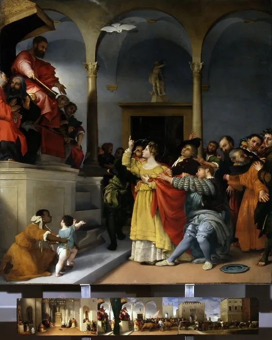 Framed Print : Stories of Saint Lucia or Saint Lucia in Front of the Court, by Lorenzo Lotto, 1532, 16th Century, oil on board - Italy, Marche, Jesi, Civic Collections. Whole artwork view Framed Print : Stories of Saint Lucia or Saint Lucia in Front of the Court, by Lorenzo Lotto, 1532, 16th Century, oil on board - Italy, Marche, Jesi, Civic Collections. Whole artwork view
