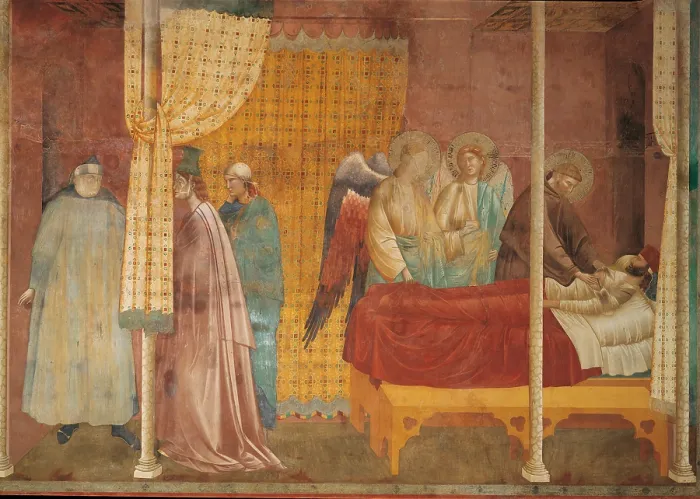 Framed Print : Stories of St Francis The Recovery of the Wounded Man of Lerida, by Giotto, 1297 - 1300, 13th Century, fresco, cm 270 x 230 - Italy, Umbria, Perugia, Assisi Framed Print : Stories of St Francis The Recovery of the Wounded Man of Lerida, by Giotto, 1297 - 1300, 13th Century, fresco, cm 270 x 230 - Italy, Umbria, Perugia, Assisi