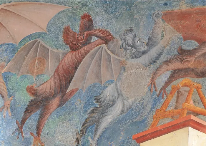 Framed Print : Stories of St Francis St Francis drives the Devils out of Arezzo, by Giotto, 1297 - 1299 about, 13th Century, fresco, cm 273 x 230 - Italy, Umbria, Perugia, Assisi