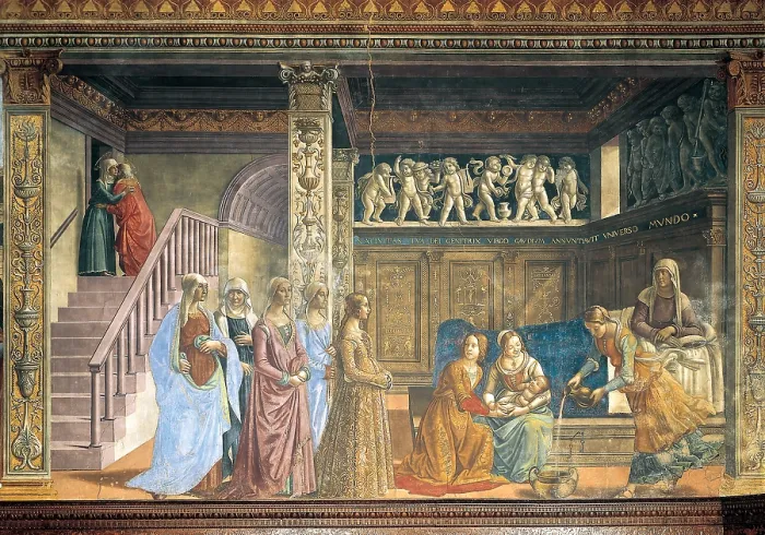 Framed Print : Stories of the Virgin and St John the Baptist The Nativity of Mary, by Domenico Bigordi known as Ghirlandaio, 1486 - 1490, 15th Century, fresco, - Italy, Tuscany, Florence
