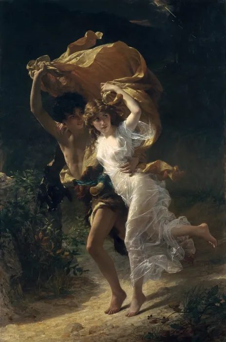 Framed Print : THE STORM, by Pierre-Auguste Cot, 1880, French painting, oil on canvas. A young couple in classical costume run for shelter in a rainstorm, using the womans overskirt as a cover Framed Print : THE STORM, by Pierre-Auguste Cot, 1880, French painting, oil on canvas. A young couple in classical costume run for shelter in a rainstorm, using the womans overskirt as a cover