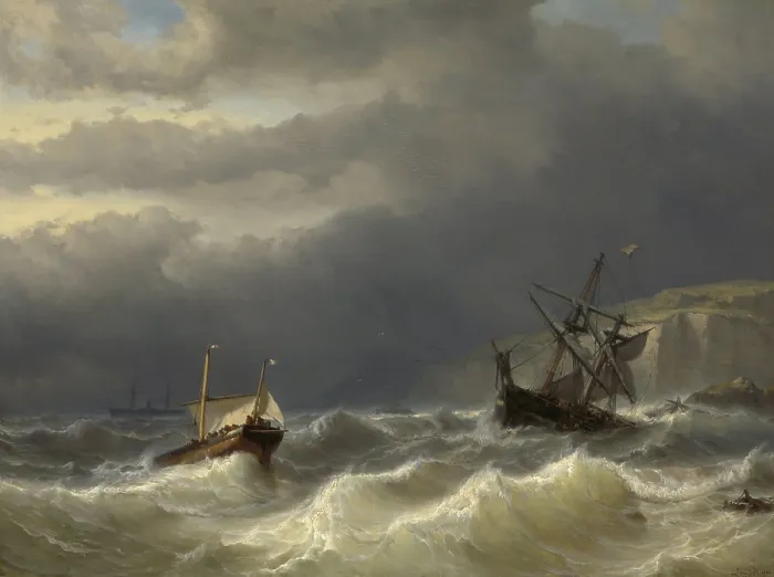Framed Print : Storm in the Strait of Dover, by Louis Meijer, 1819-66, Dutch painting, oil on panel. Ships at sea near the Dover coast during a storm