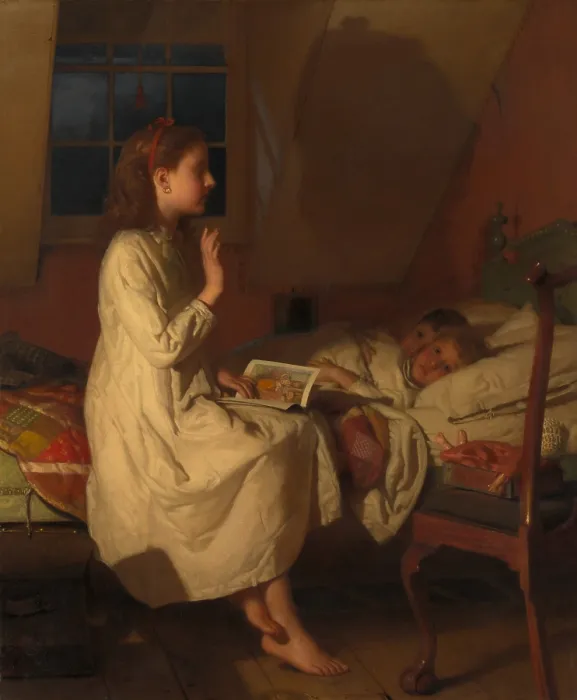 Framed Print : STORY OF GOLDEN LOCKS, by Seymour Joseph Guy, 1870, American painting, oil on canvas. The artists sons wide eyes express their anxiety at the story's frightening climax