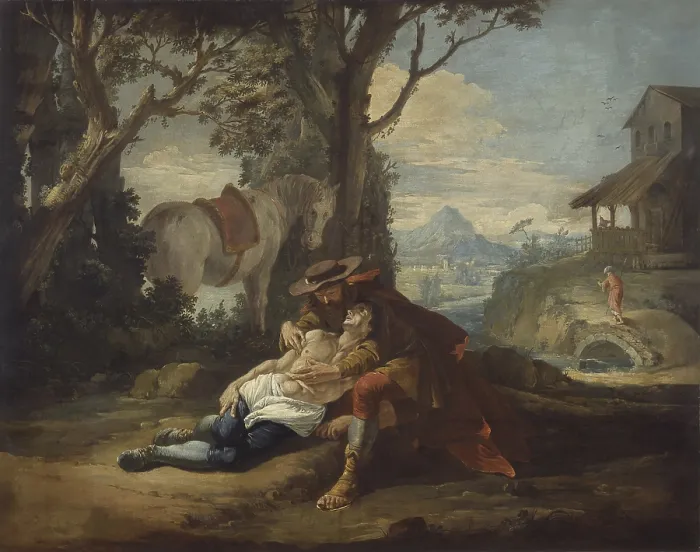 Framed Print : Story of the Good Samaritan, by Francesco Fontebasso, 18th Century, canvas - Italy, Trentino Alto Adige, Trento, Diocesan Museum of Trent. Whole artwork view Framed Print : Story of the Good Samaritan, by Francesco Fontebasso, 18th Century, canvas - Italy, Trentino Alto Adige, Trento, Diocesan Museum of Trent. Whole artwork view