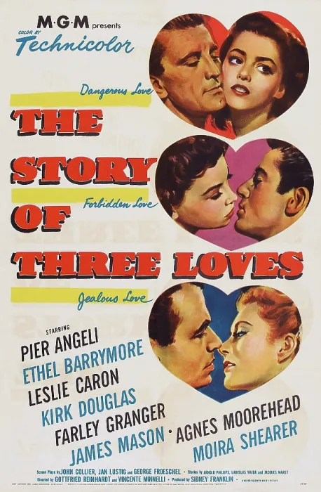 Framed Print : THE STORY OF THREE LOVES, US poster, top from left: Kirk Douglas, Pier Angeli, center from left: Leslie Caron, Farley Granger, bottom from left: James Mason, Moira Shearer, 1954