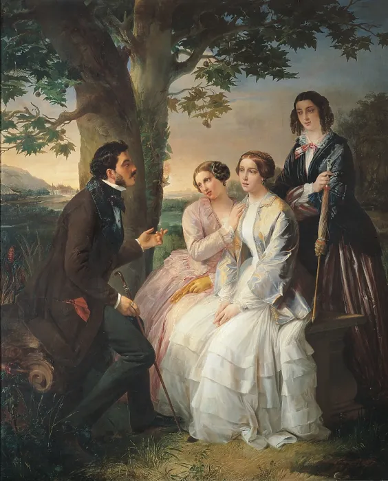 Framed Print : The Story (Severino Bonora Talking with Three Ladies in Pillnitz), by Antonio Muzzi, 1856 - 1856, 19th Century, - Italy, Emilia Romagna, Bologna, private collection