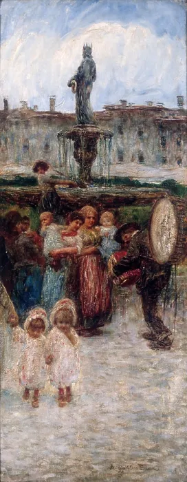 Framed Print : The Storyteller, by Angelo Dall'Oca Bianca, 1917, 20th Century, oil on canvas - Private collection. Whole artwork view Framed Print : The Storyteller, by Angelo Dall'Oca Bianca, 1917, 20th Century, oil on canvas - Private collection. Whole artwork view