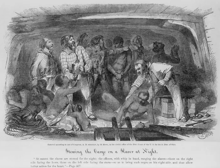 Framed Print : Stowing African captives in a slave ship from historian Henry Howe's book, LIFE AND DEATH ON THE OCEAN, about life and work on ocean vessels. 1855