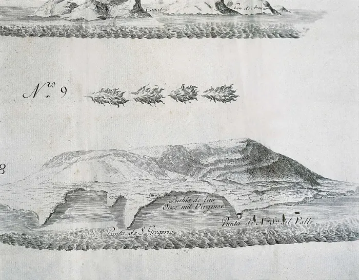 Framed Print : Straits of Magellan. Bay of the Eleven Thousand Virgins. Picture of Pedro Sarmiento de Gamboa's work 'Travel to Straits of Magellan' (1579-1580). Engraving