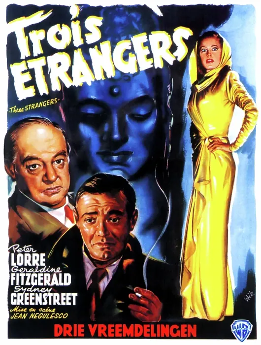 Framed Print : THREE STRANGERS, (aka TROIS ETRANGERS), Sydney Greenstreet, Peter Lorre, Geraldine Fitzgerald, (Belgian poster art), 1946