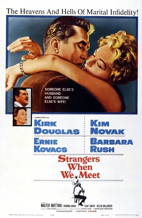 Framed Print : STRANGERS WHEN WE MEET, US poster art, top: Kirk Douglas, Kim Novak; left inserts: Ernie Kovacs, Barbara Rush, 1960